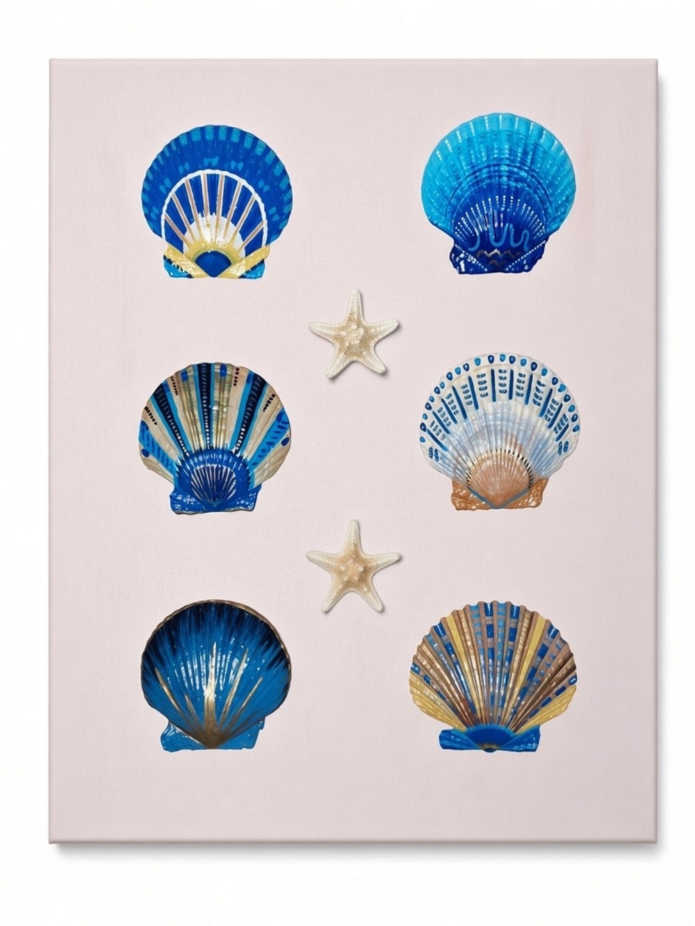 Blue Seashell Wall Art Canvas - Coastal Home Bath Decor